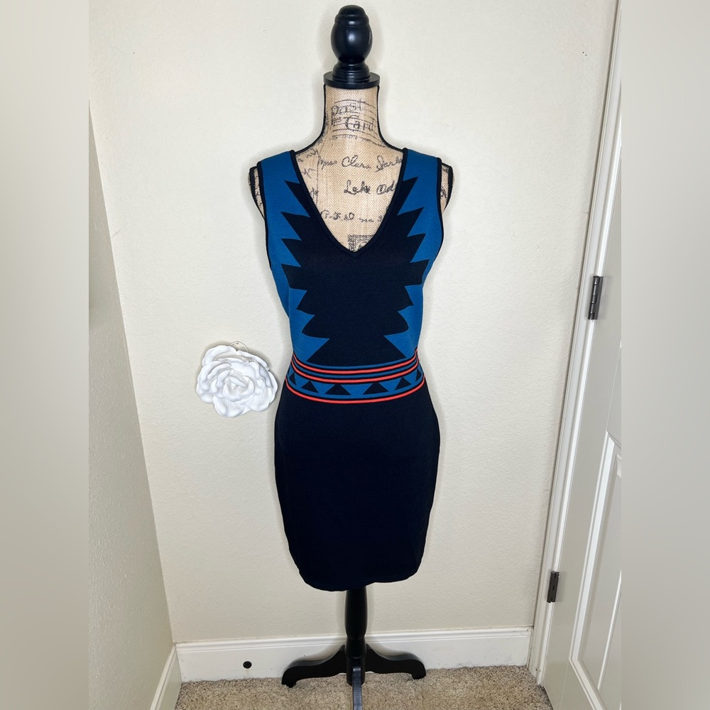 NTM Romeo & Juliet Couture Aztec Bodycon Dress Blue Black Bandage Mini Size L - Picture 3 of 14